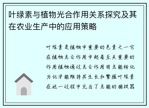 叶绿素与植物光合作用关系探究及其在农业生产中的应用策略